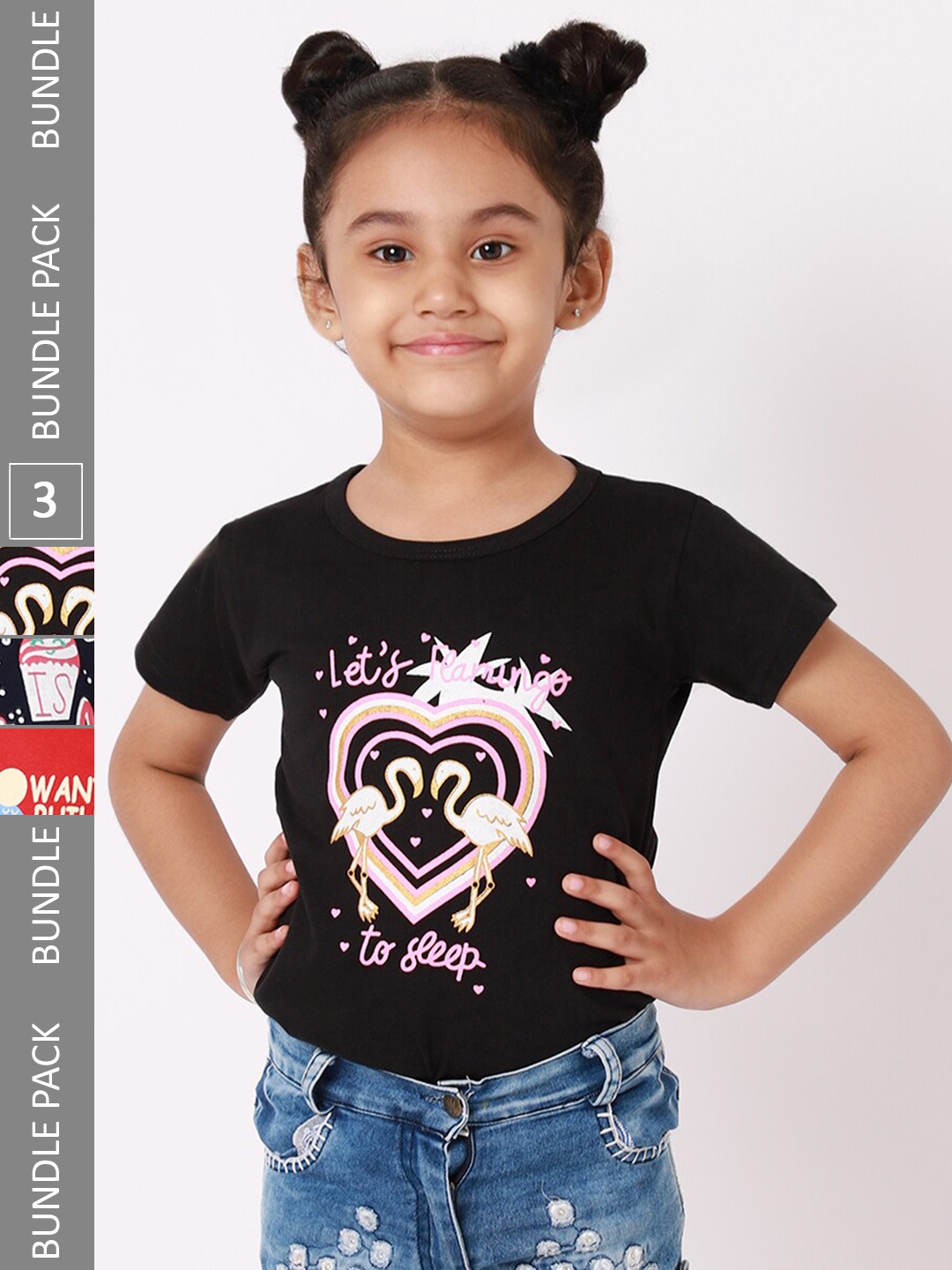 

BAESD Girls Pack of 3 Printed Regular Fit Cotton T-shirts, Black