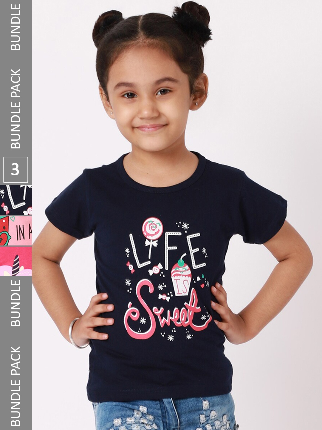 

BAESD Girls Pack Of 3 Typography Printed Cotton T-shirt, Navy blue