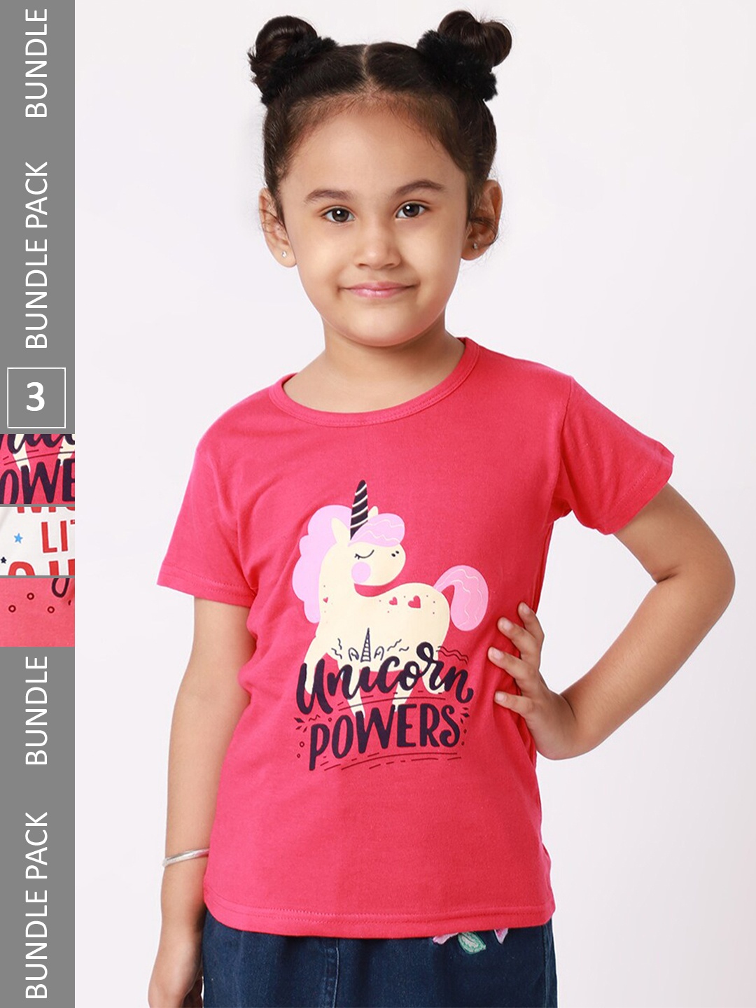 

BAESD Girls Pack Of 3 Typography Printed Round Neck Cotton T-shirt, Pink