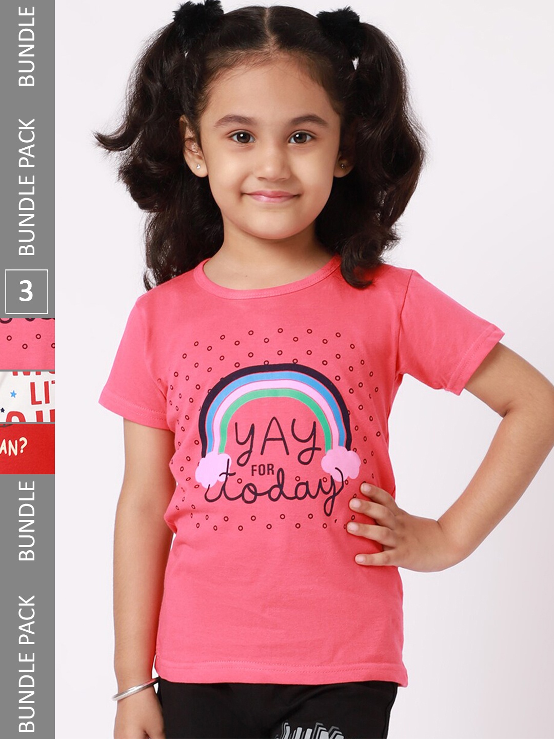 

BAESD Girls Pack Of 3 Typography Printed Regular Fit Cotton T-Shirt, Pink