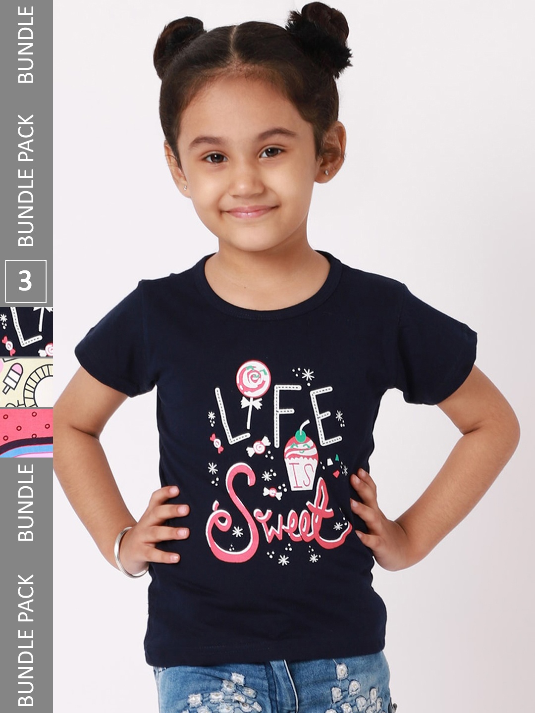 

BAESD Girls Pack Of 3 Printed Cotton T-shirt, Navy blue