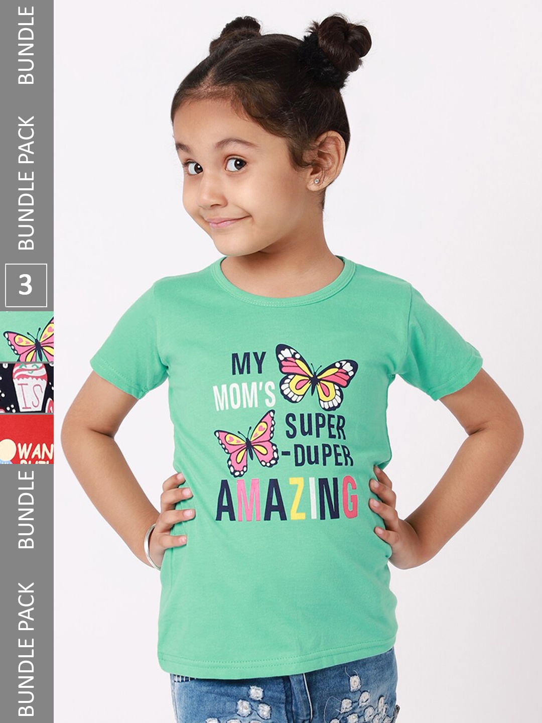 

BAESD Girls Pack Of 3 Printed Cotton T-shirts, Sea green