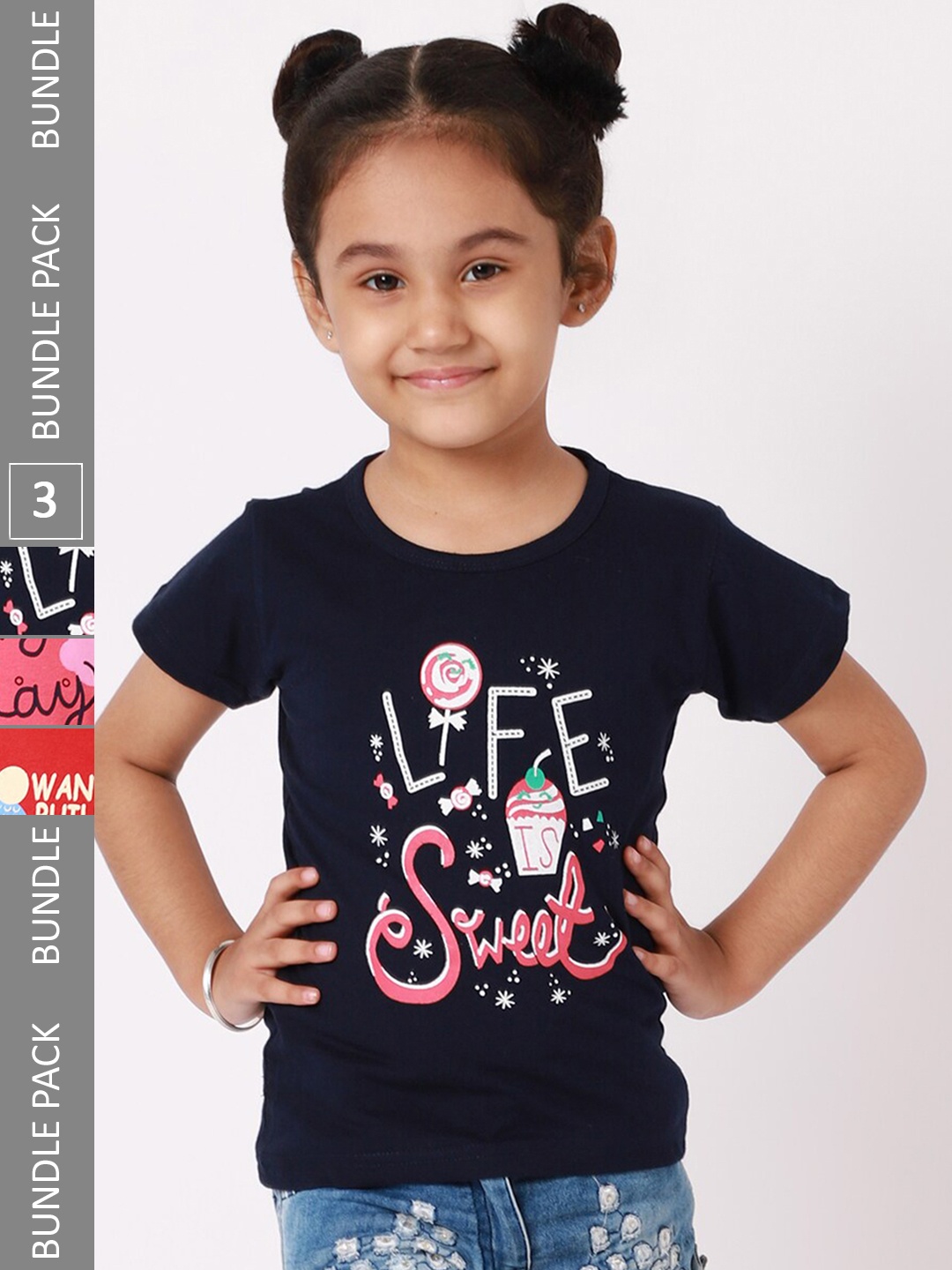 

BAESD Girls Pack Of 3 Typography Printed Cotton T-shirt, Navy blue