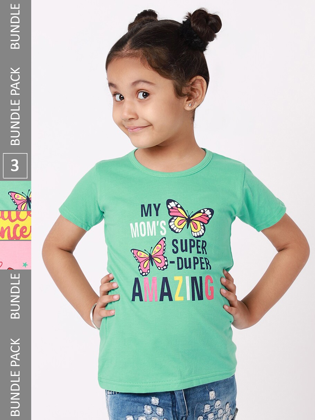 

BAESD Girls Pack Of 3 Typography Printed Cotton T-shirt, Green