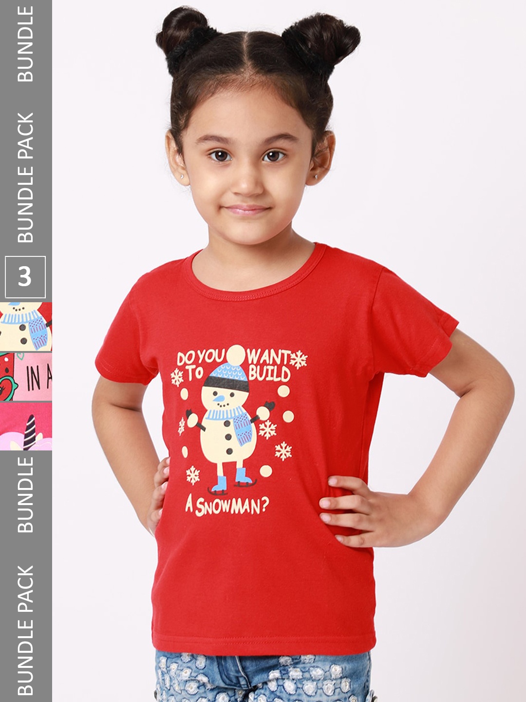 

BAESD Girls Pack Of 3 Conversational Printed Cotton T-shirt, Red