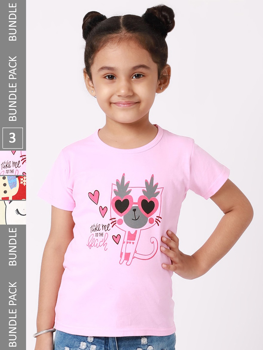 

BAESD Girls Pack Of 3 Printed Cotton T-shirt, Pink