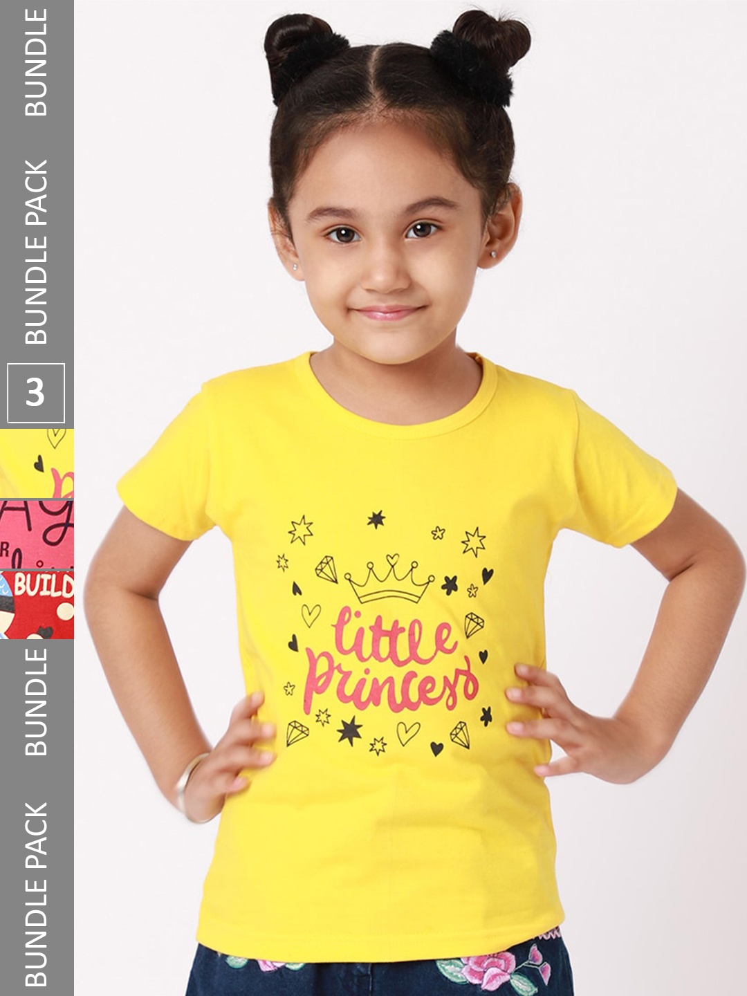 

BAESD Girls Pack of 3 Typography Printed Cotton T-shirts, Yellow