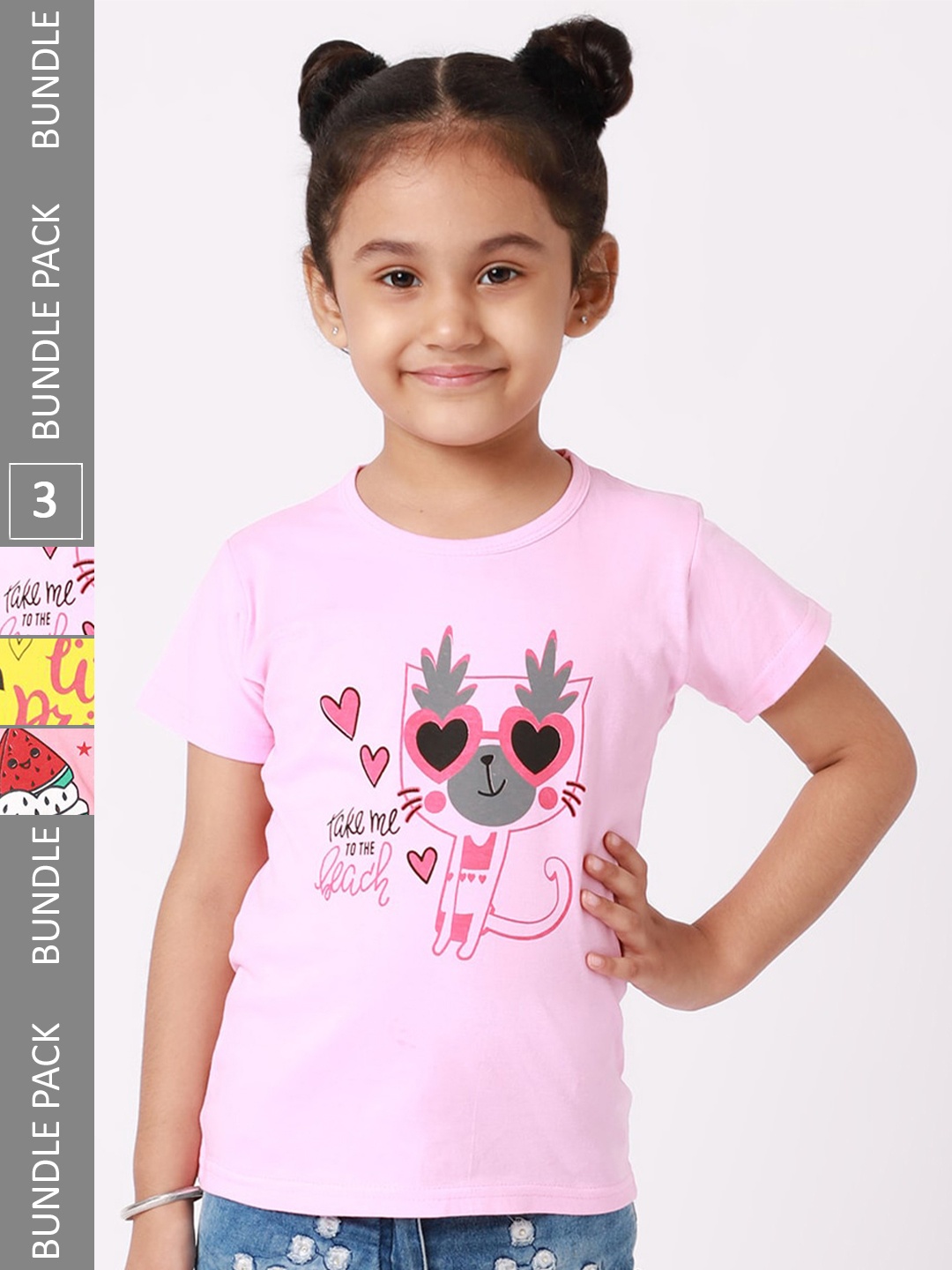 

BAESD Girls Pack Of 3 Printed Cotton T-shirt, Pink