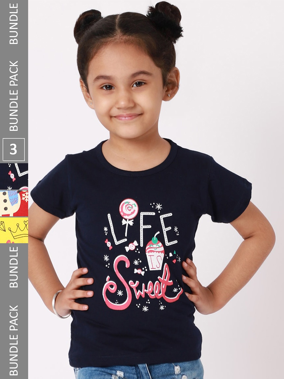 

BAESD Girls Pack Of 3 Typography Printed Cotton T-shirt, Navy blue