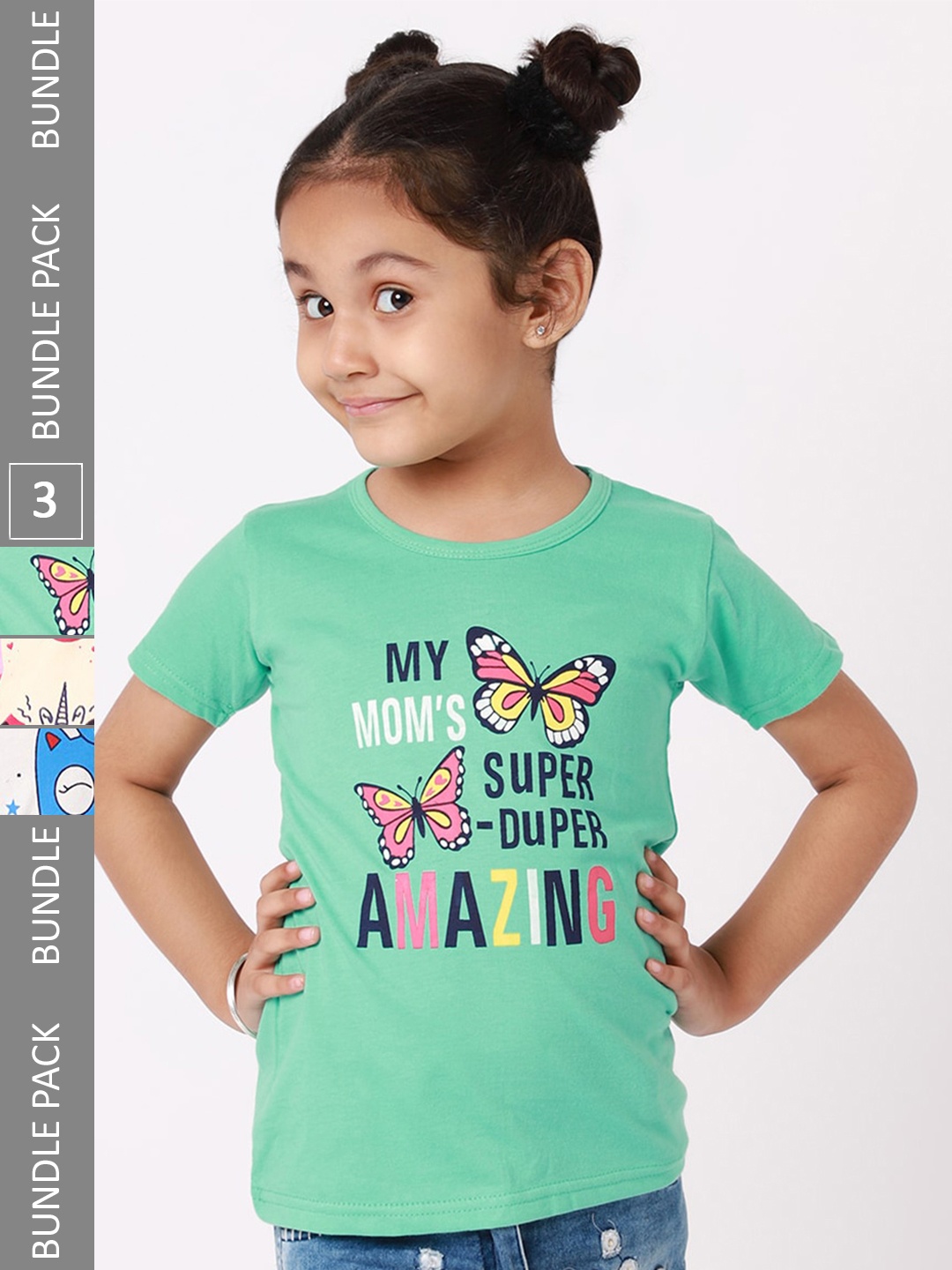 

BAESD Girls Pack of 3 Printed Regular Fit Cotton T-shirts, Green