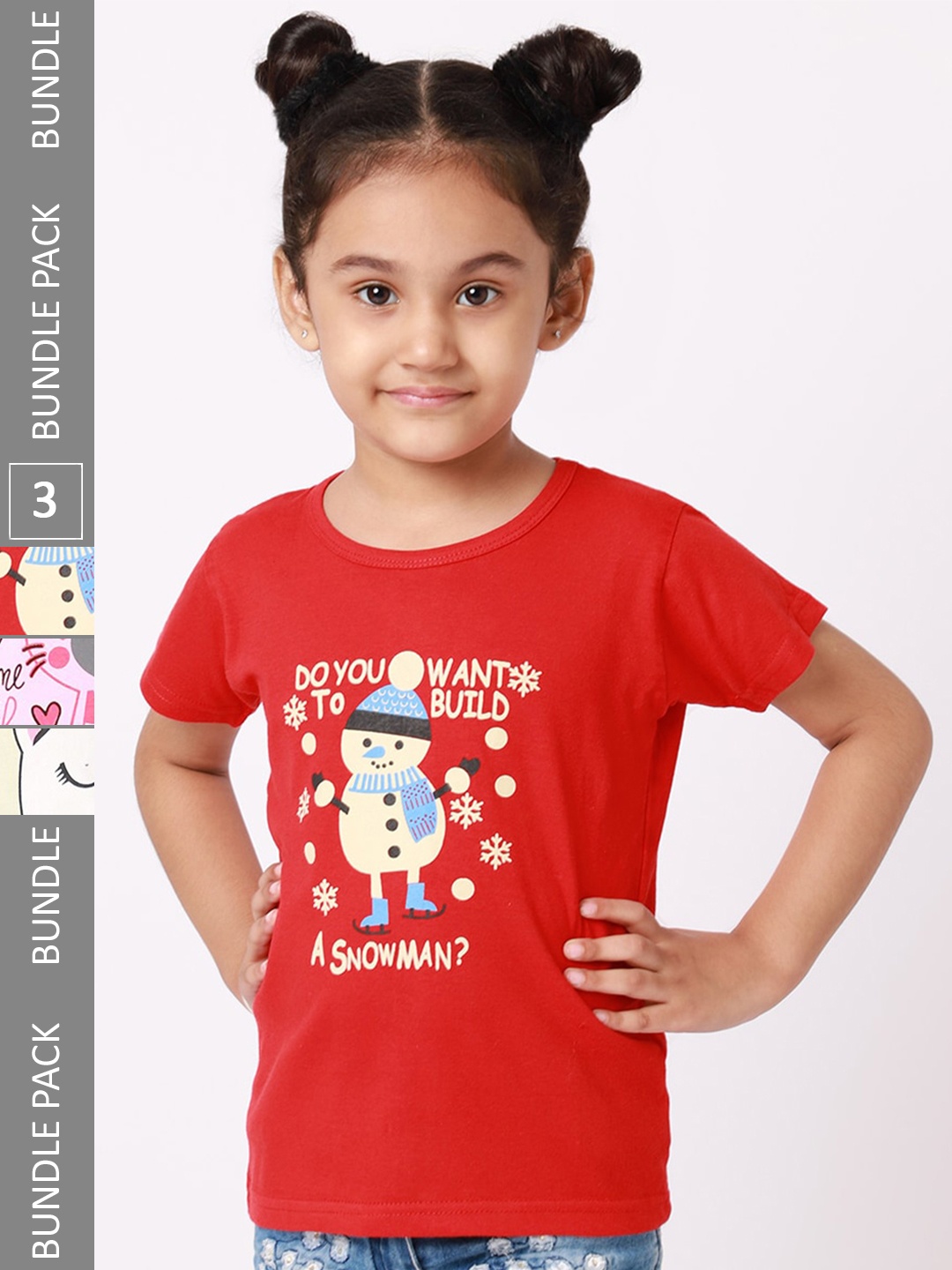 

BAESD Girls Pack Of 3 Graphic Printed Cotton T-shirts, Red