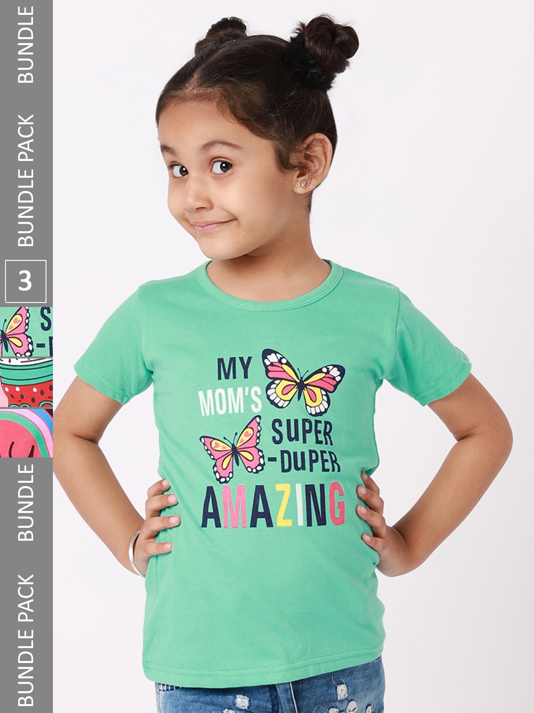 

BAESD Girls Pack Of 3 Graphic Printed Cotton T-Shirts, Green