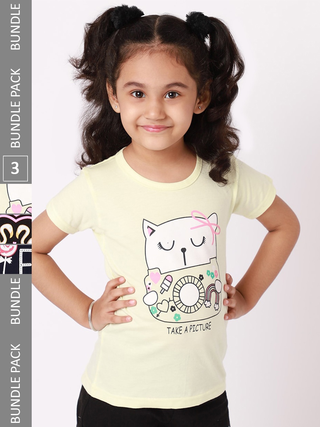 

BAESD Girls Pack Of 3 Graphic Printed Cotton T-Shirt, Yellow