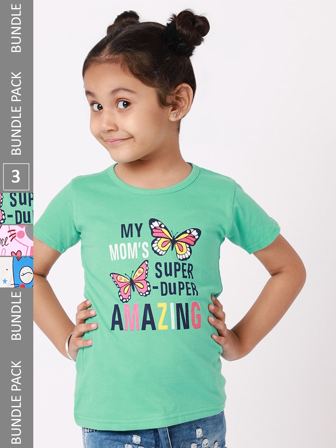 

BAESD Girls Pack Of 3 Graphic Printed Cotton T-shirt, Green
