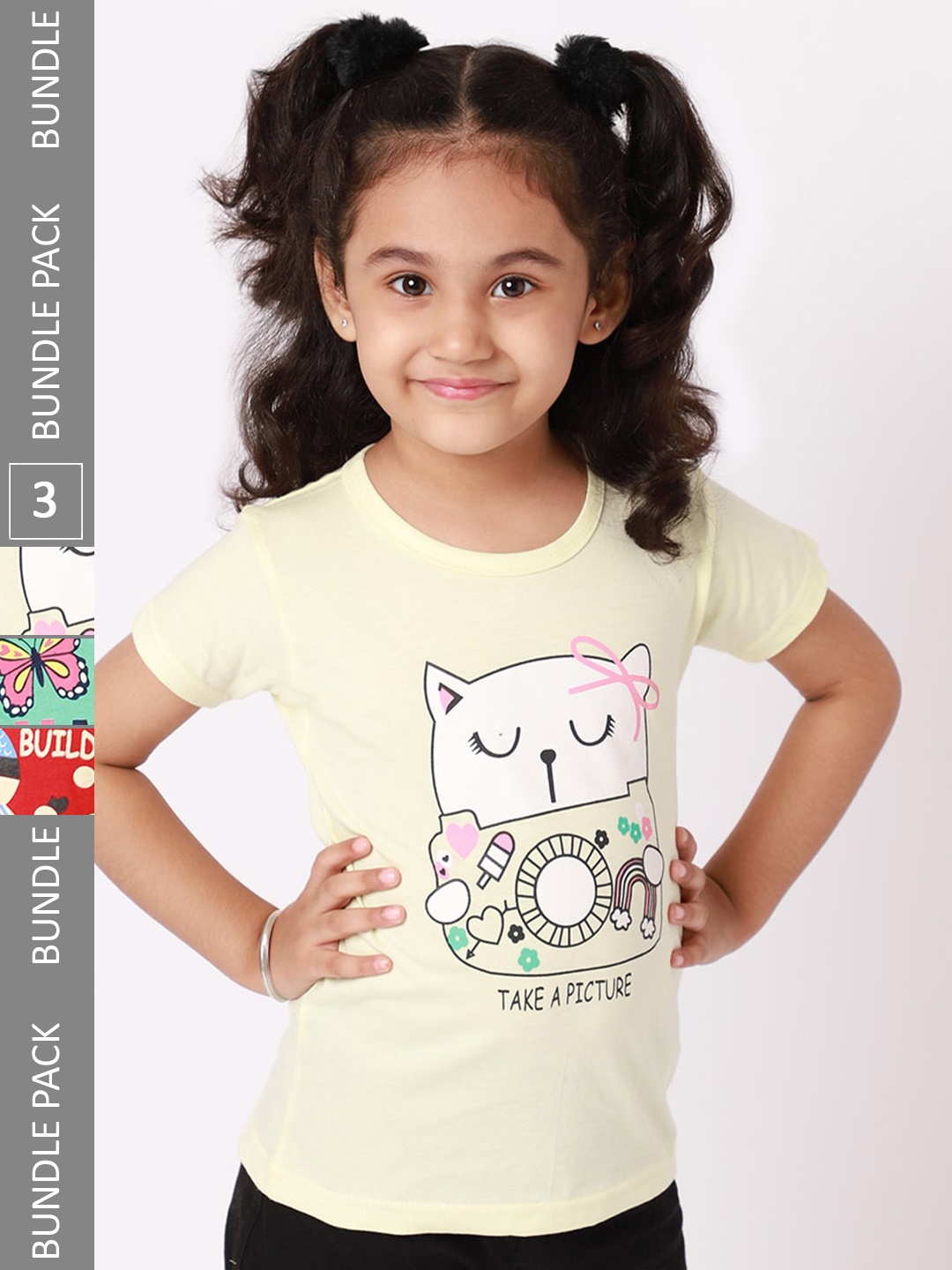 

BAESD Girls Pack Of 3 Conversational Printed Cotton T-shirt, Yellow