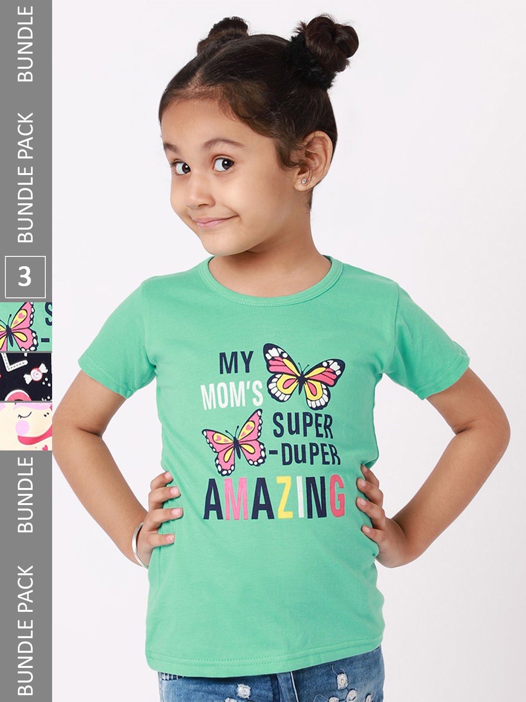 

BAESD Girls Pack Of 3 Typography Printed Cotton T-shirts, Green