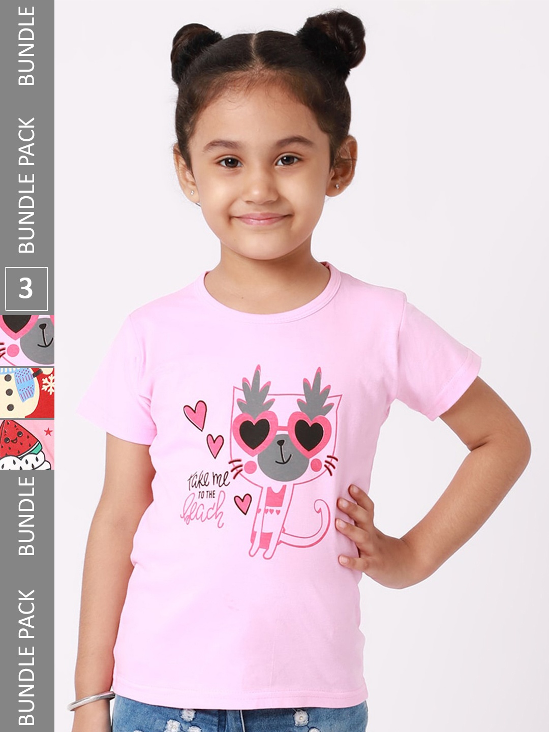 

BAESD Girls Pack Of 3 Printed Cotton T-shirt, Pink