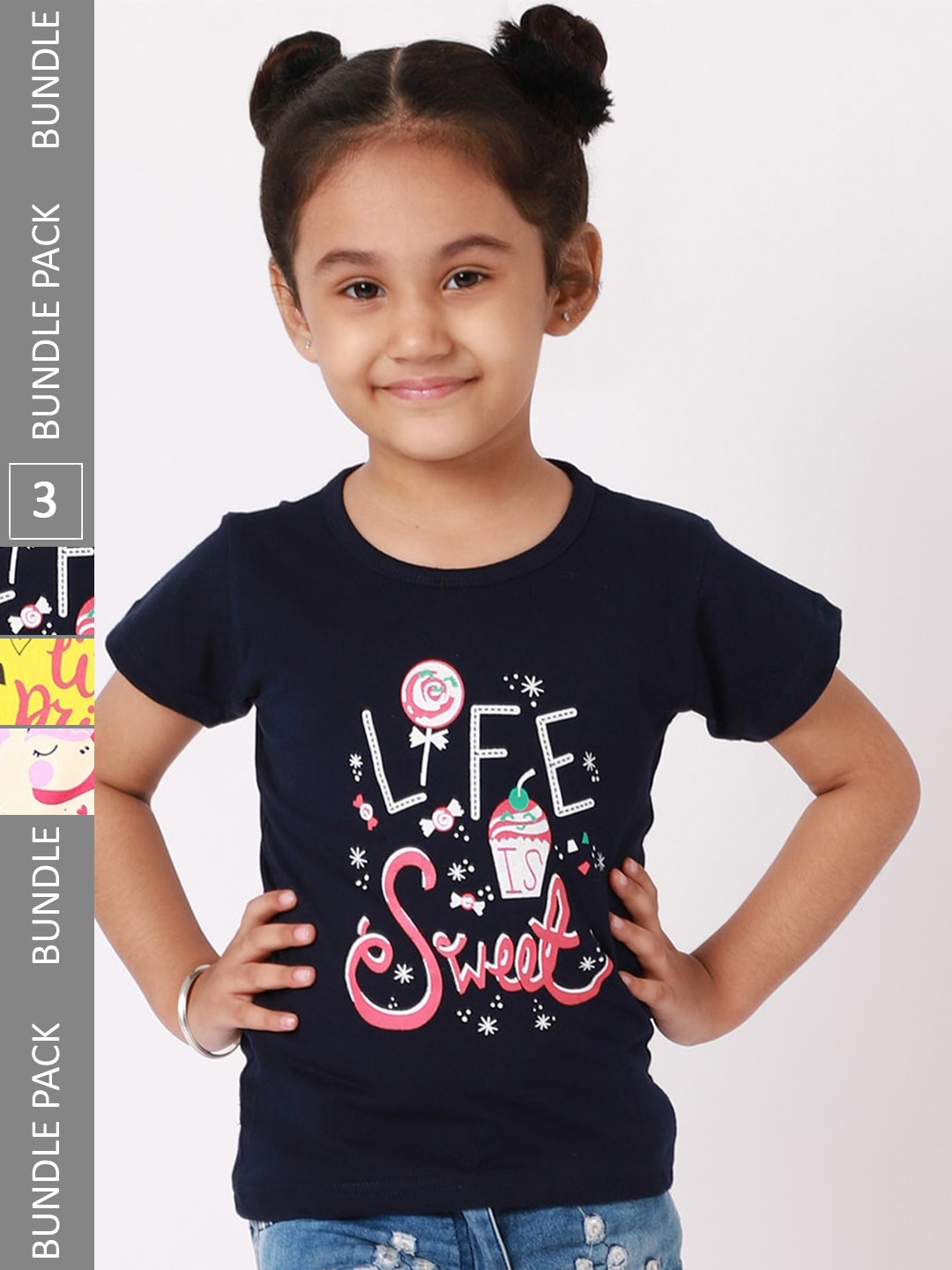 

BAESD Girls Pack Of 3 Typography Printed Cotton T-shirts, Black