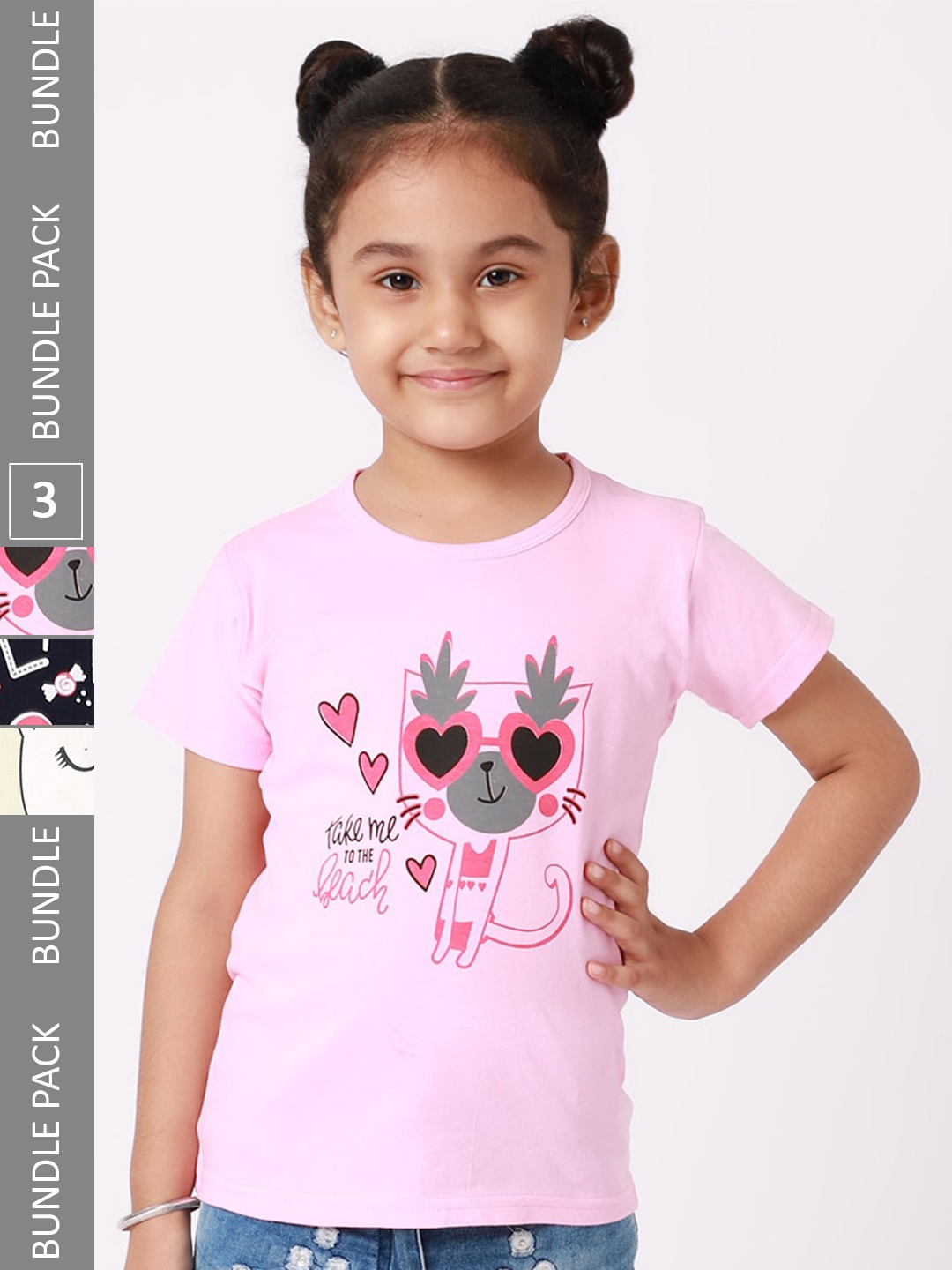 

BAESD Girls Pack Of 3 Graphic Printed Cotton T-shirts, Pink