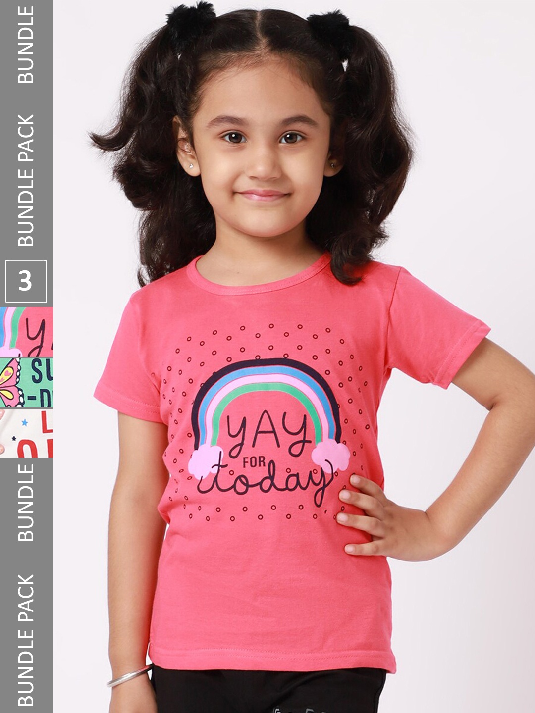 

BAESD Girls Pack of 3 Typography Printed Cotton T-shirts, Pink
