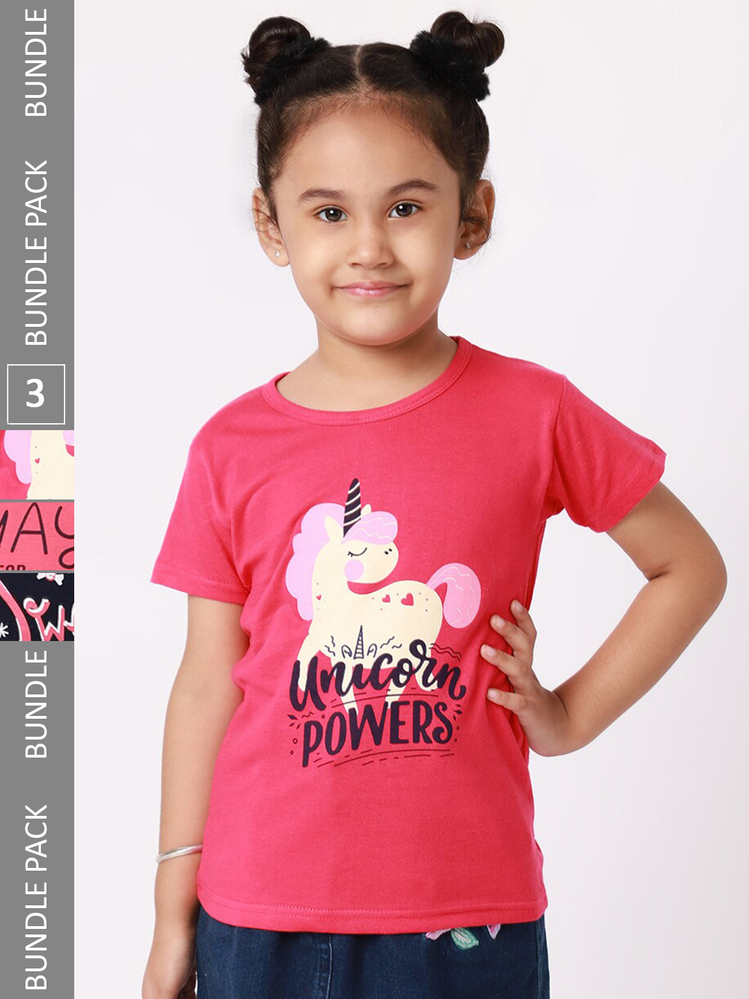 

BAESD Girls Pack Of 3 Graphic Printed Cotton T-Shirt, Pink