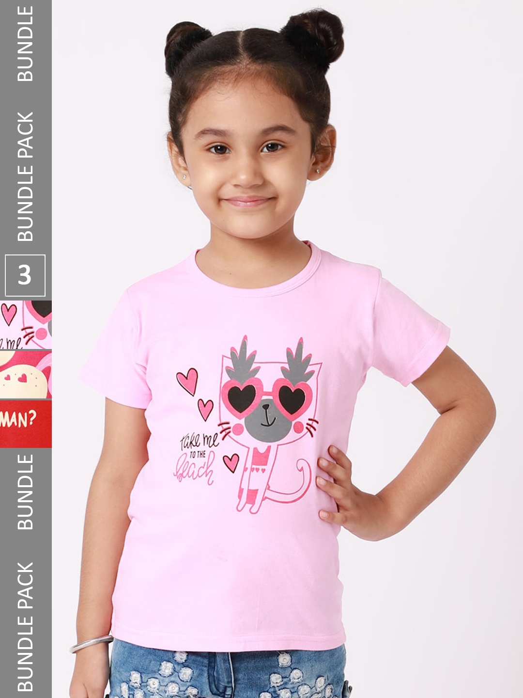 

BAESD Girls Pack Of 3 Graphic Printed Cotton T-shirt, Pink