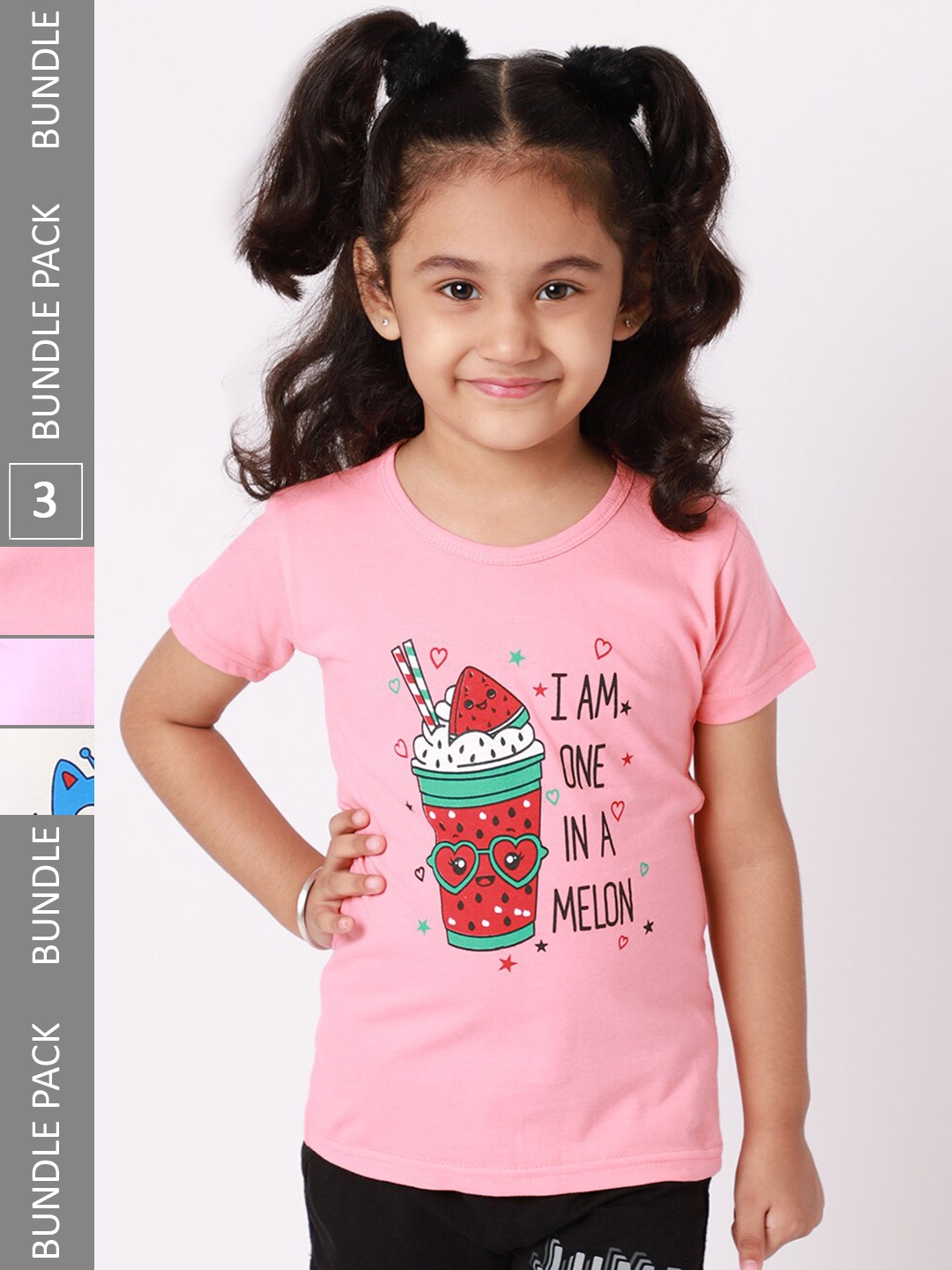 

BAESD Girls Pack Of 3 Graphic Printed Pure Cotton T-shirt, Pink