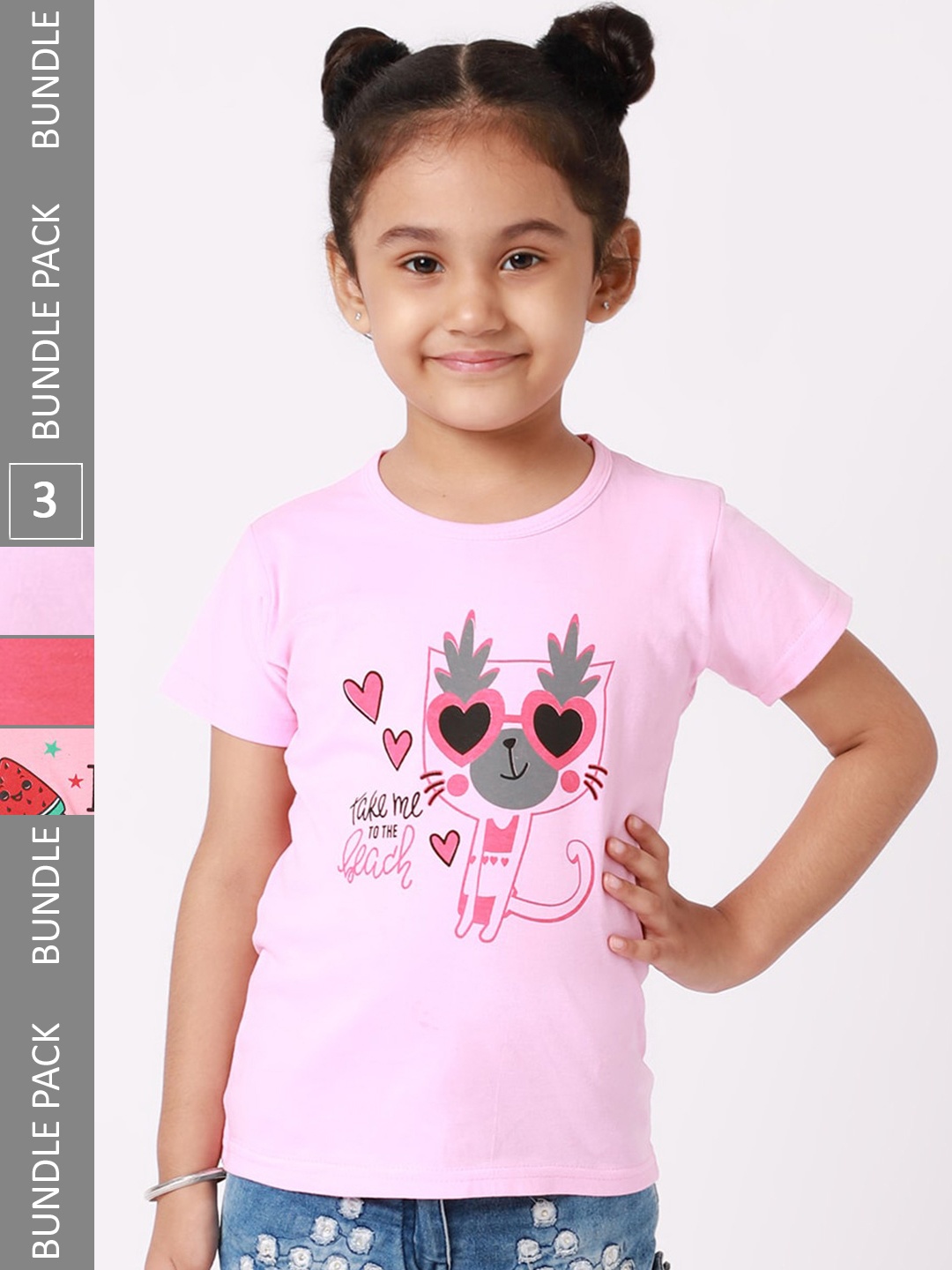 

BAESD Girls Pack Of 3 Graphic Printed Pure Cotton T-shirt, Rose