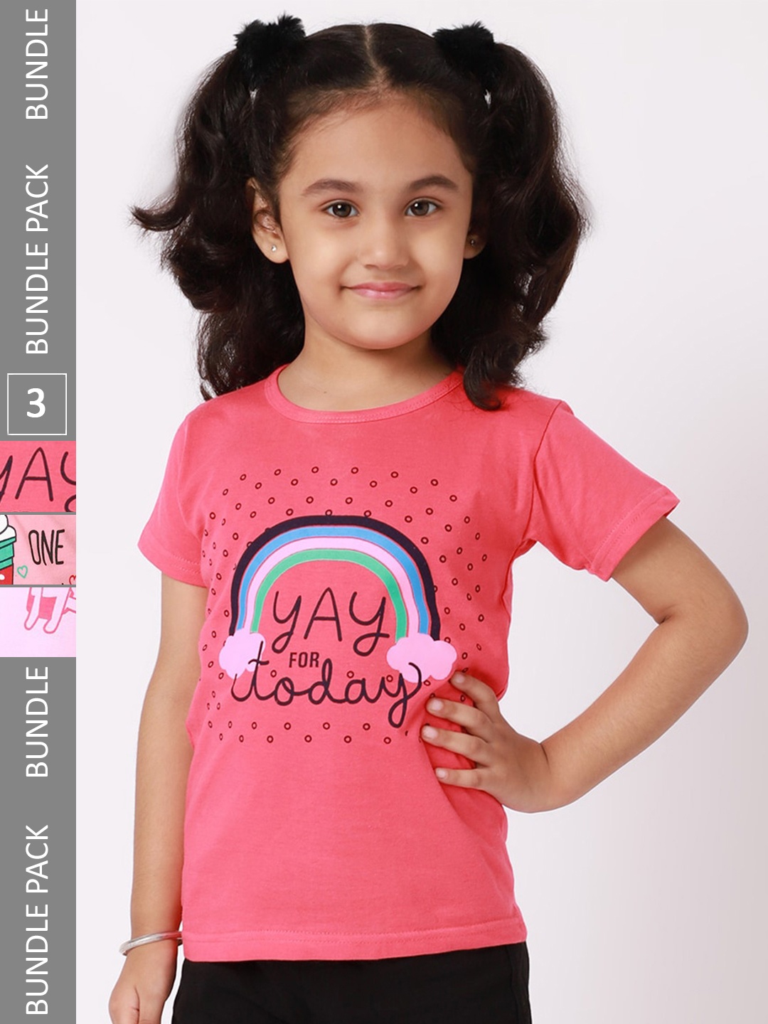

BAESD Girls Pack Of 3 Graphic Printed Cotton T-shirt, Coral