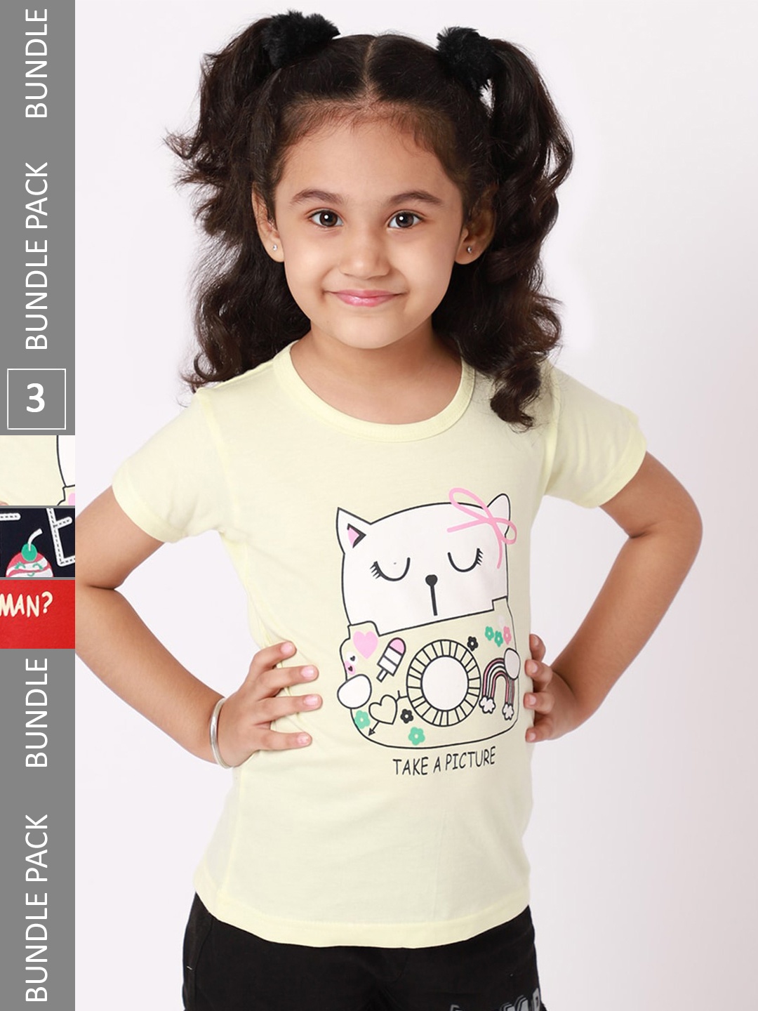 

BAESD Girls Pack Of 3 Printed Cotton T-shirt, Yellow