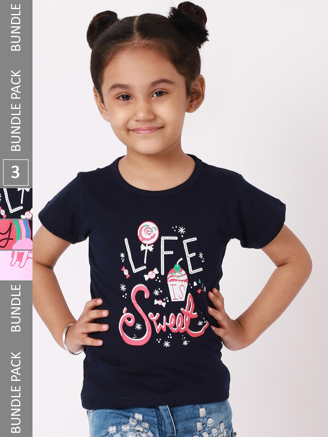 

BAESD Girls Pack Of 3 Graphic Printed Cotton T-shirts, Navy blue