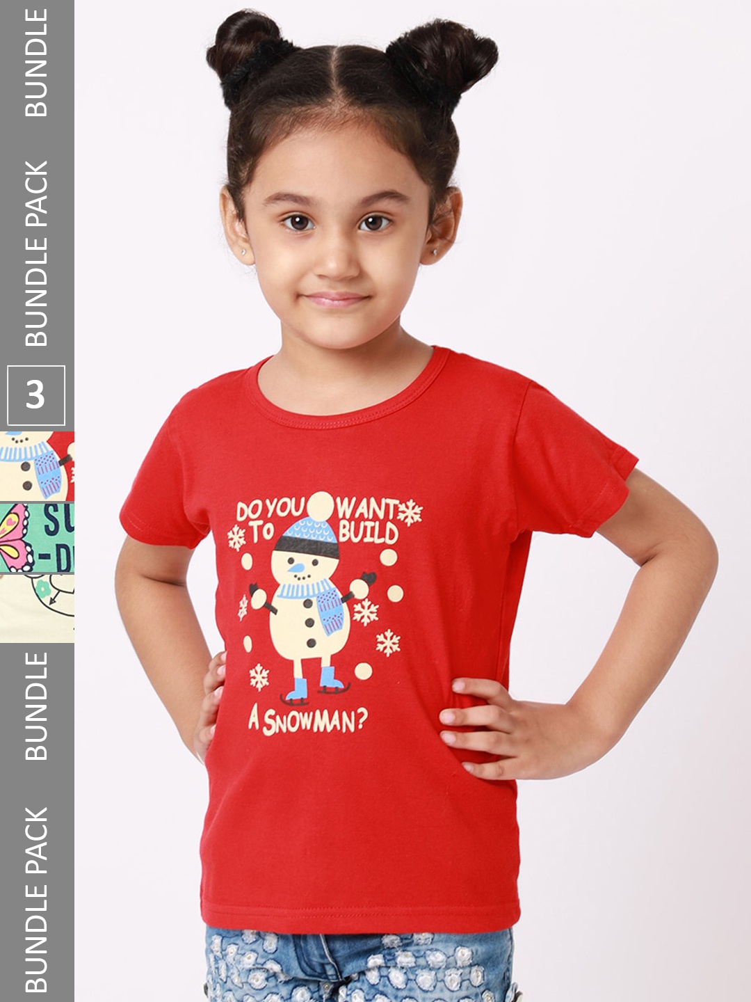 

BAESD Girls Pack Of 3 Graphic Printed Cotton T-shirt, Red