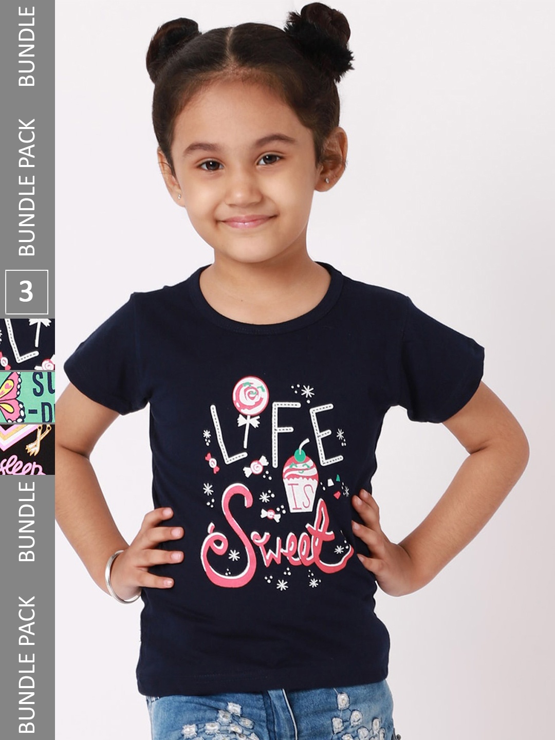 

BAESD Girls Pack of 3 Printed Cotton T-shirts, Navy blue