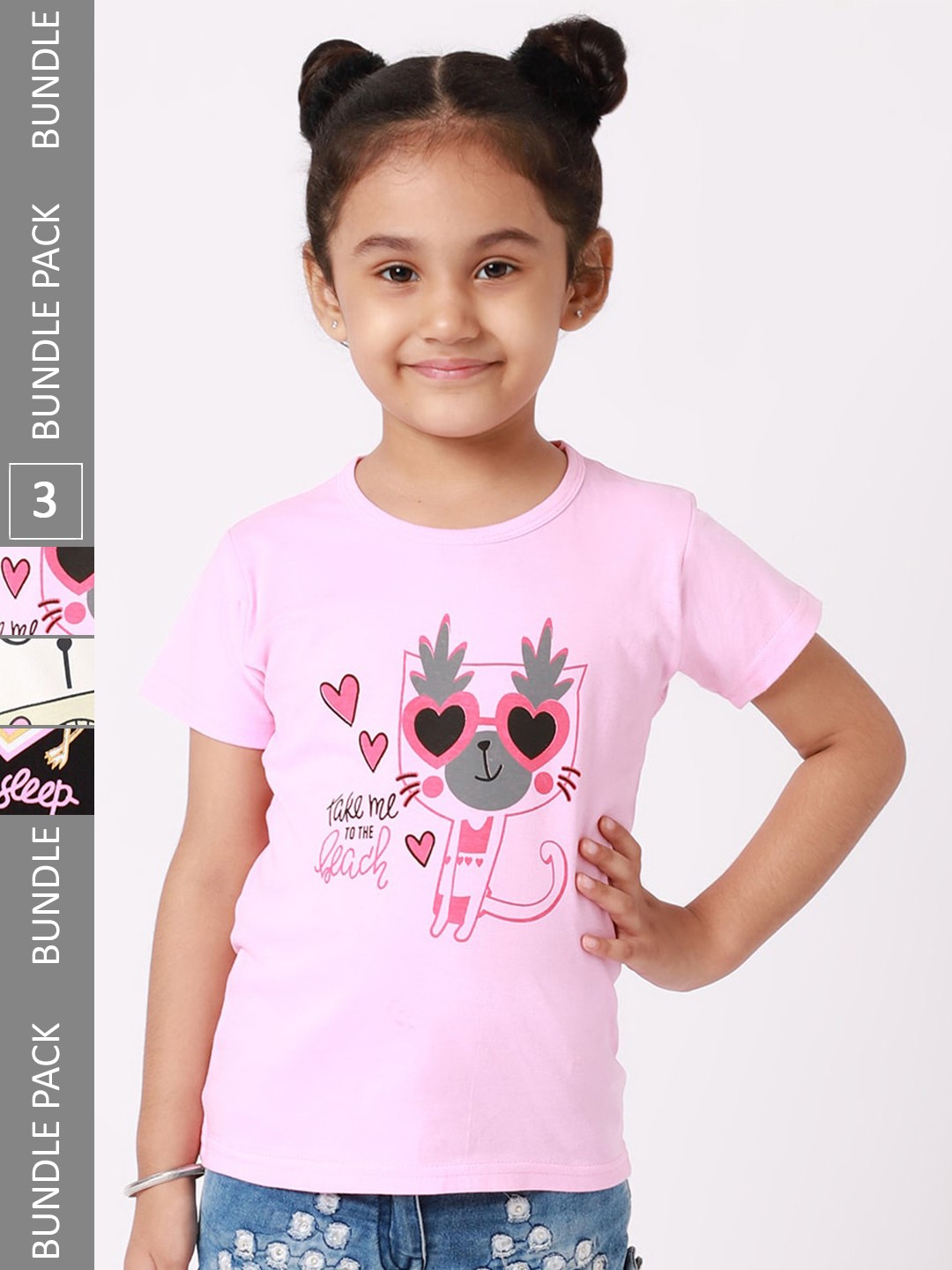 

BAESD Girls Pack Of 3 Graphic Printed Cotton T-shirts, Pink