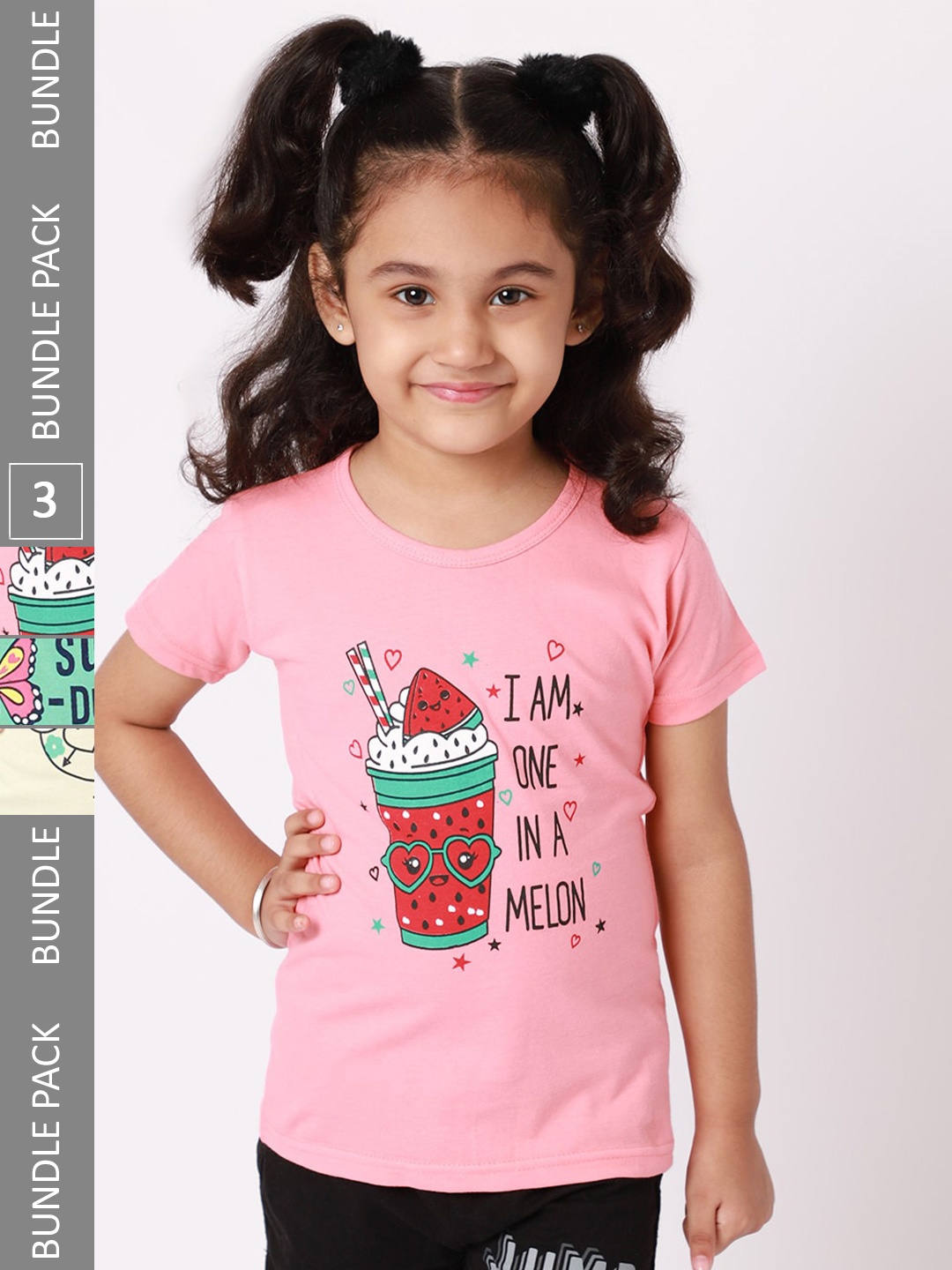 

BAESD Girls Pack Of 3 Typography Printed Cotton T-shirt, Pink