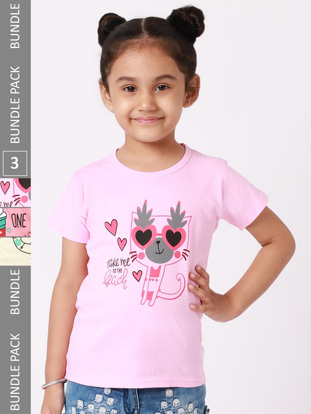 

BAESD Girls Pack Of 3 Printed Cotton T-shirt, Pink