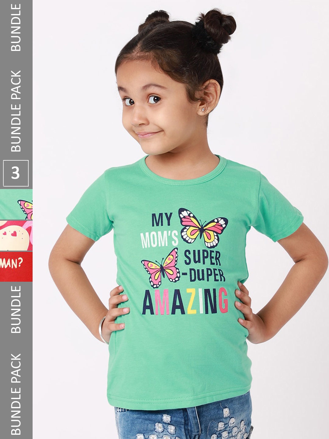 

BAESD Girls Pack of 3 Printed Regular Fit Cotton T-shirts, Green