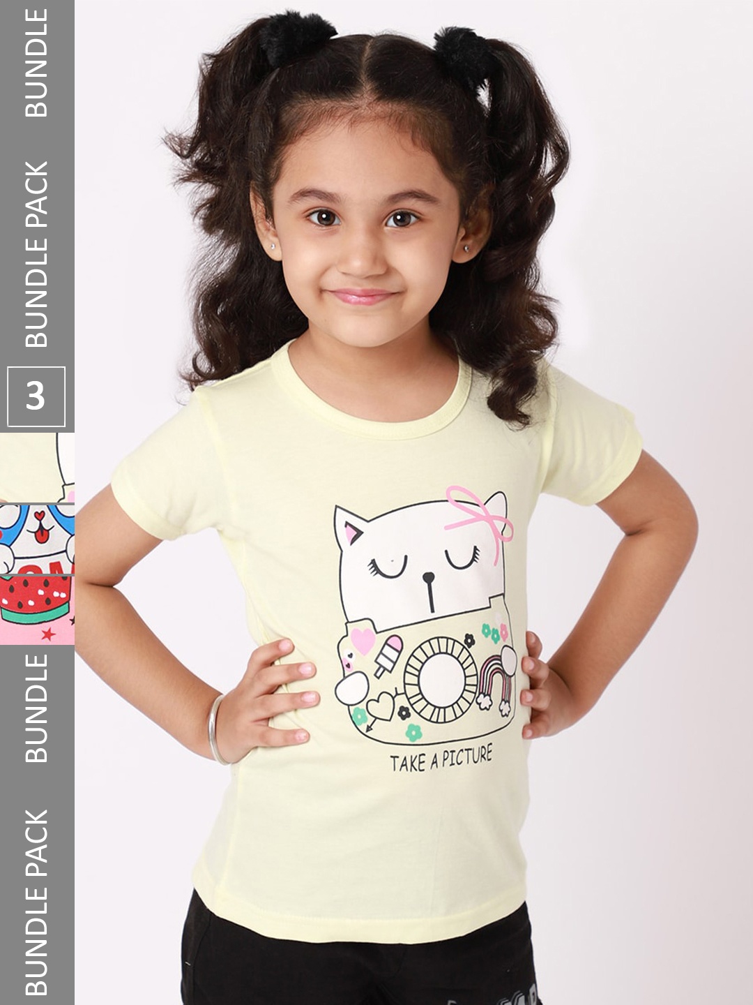 

BAESD Girls Pack Of 3 Graphic Printed Cotton T-shirts, Yellow
