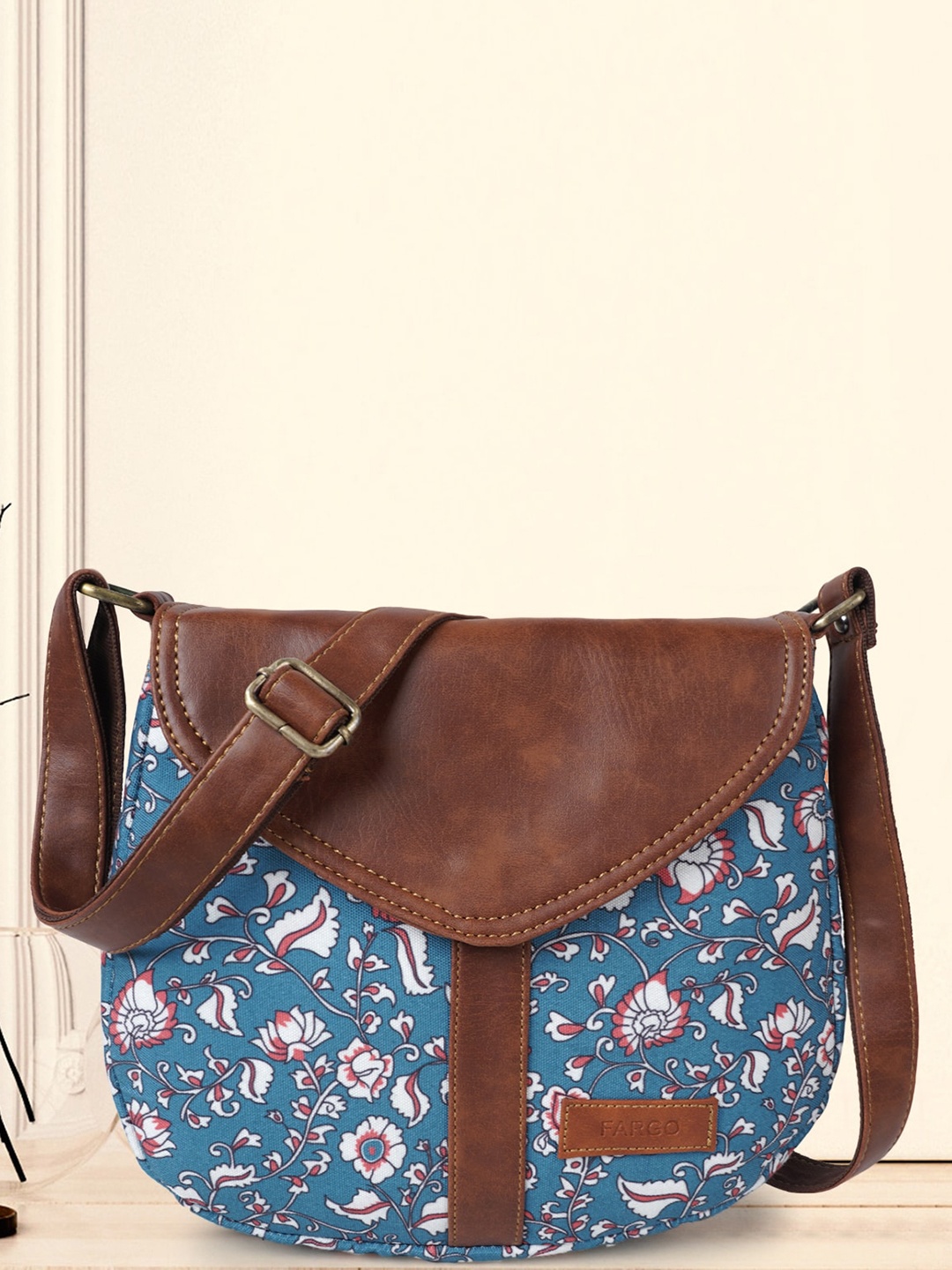 

FARGO Floral Printed Structured Canvas Sling Bag, Blue