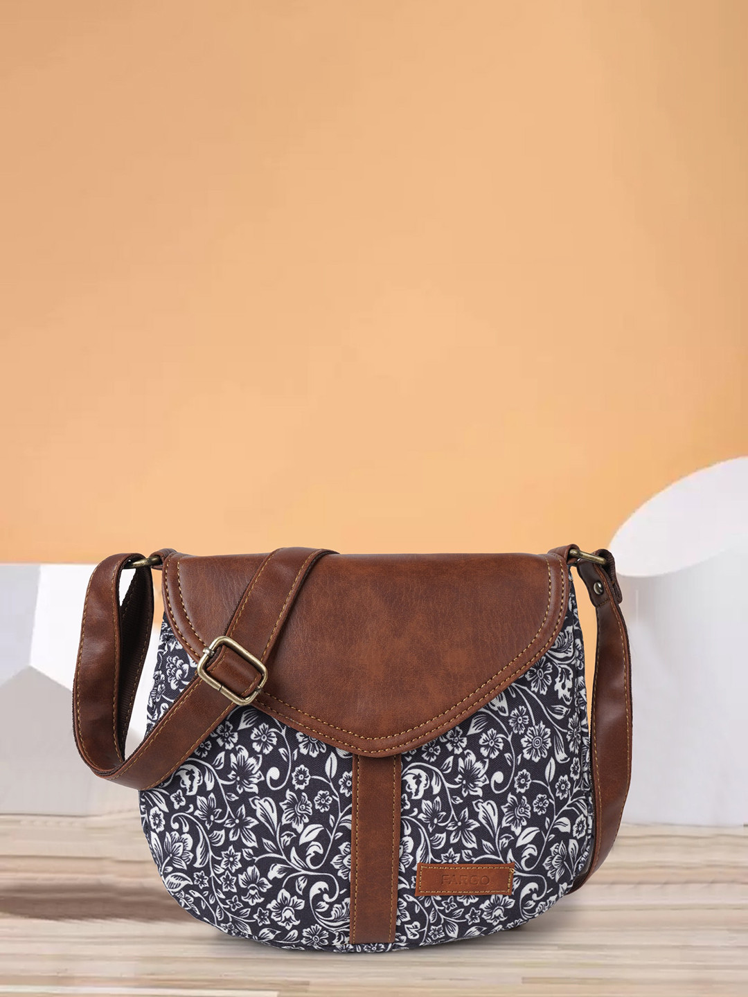 

FARGO Floral Printed Structured Canvas Sling Bag, Blue