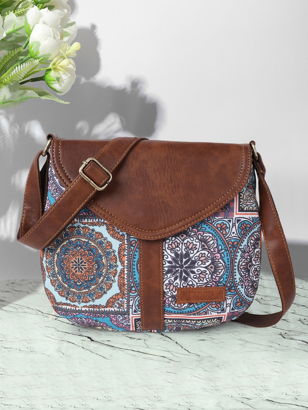 

FARGO Ethnic Motifs Printed Structured Canvas Sling Bag, Blue