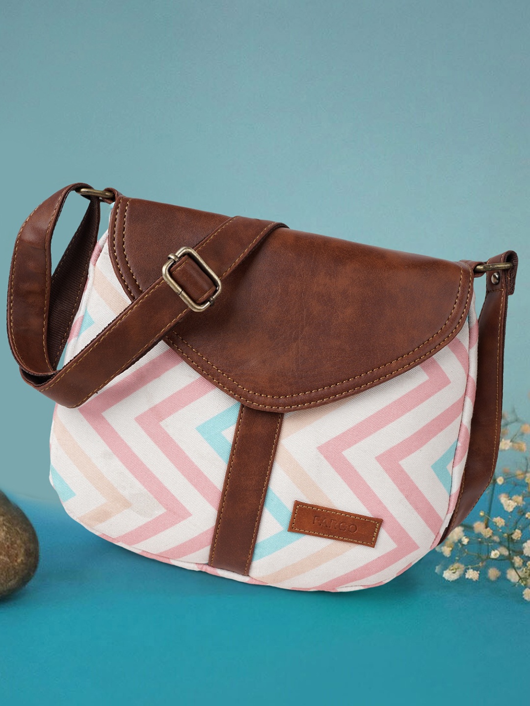 

FARGO Geometric Printed Structured Canvas Sling Bag, White