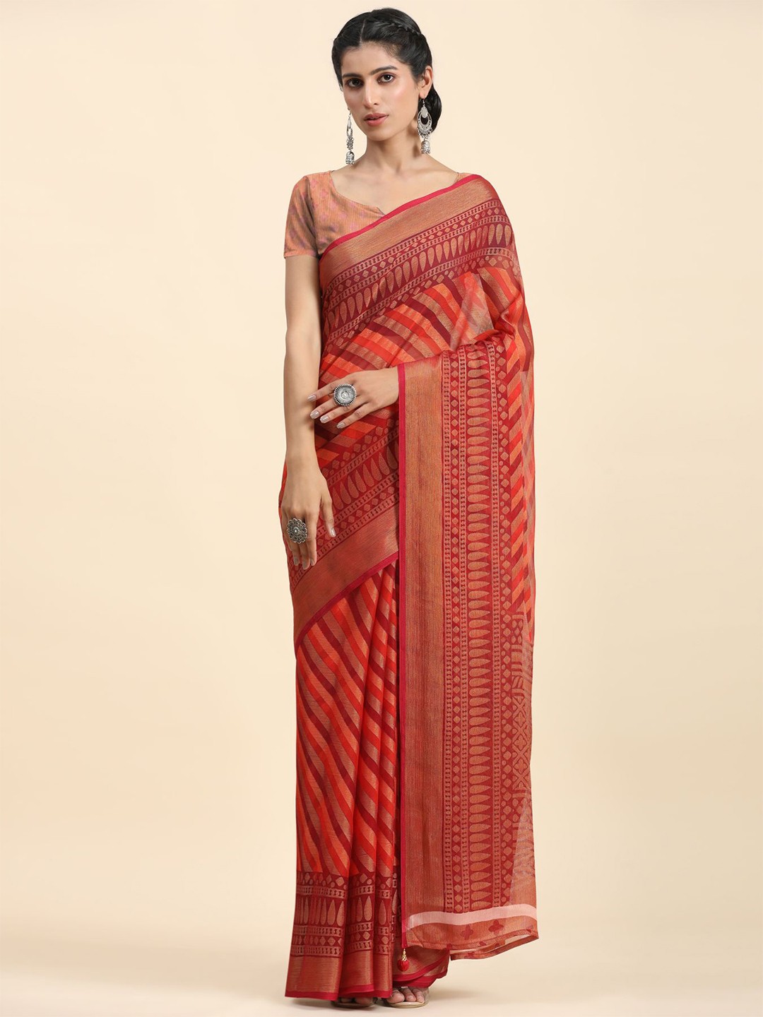 

Phenav Striped Zari Brasso Patola Saree, Orange