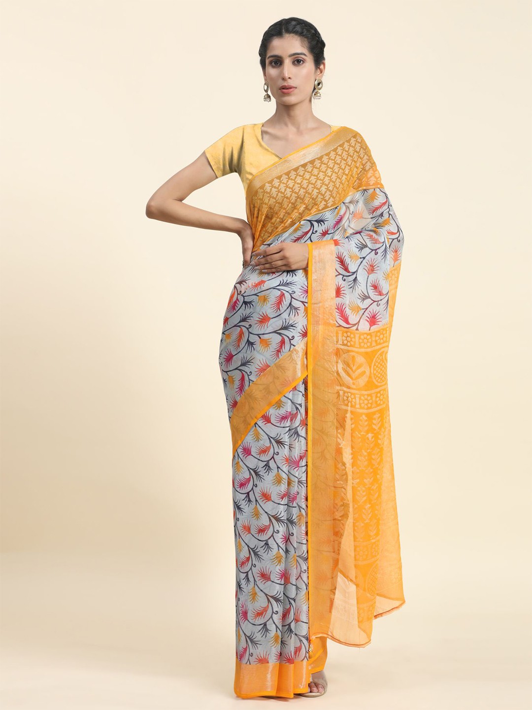 

Phenav Floral Printed Zari Brasso Patola Saree, Yellow