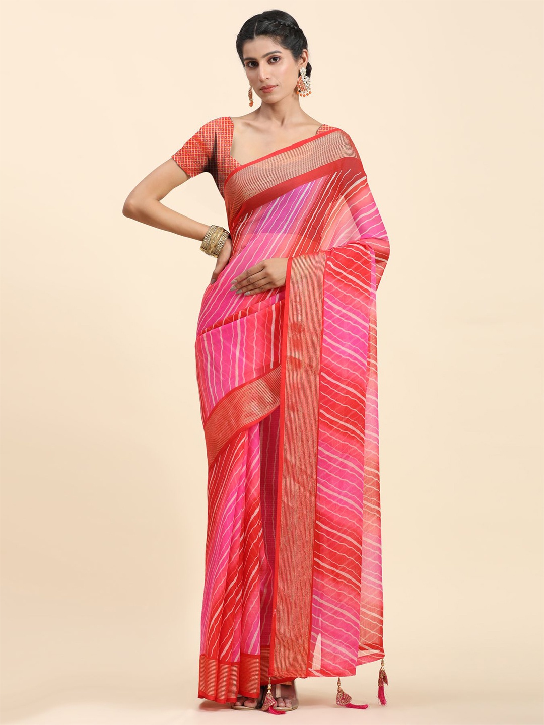 

Phenav Striped Zari Patola Brasso Saree, Pink