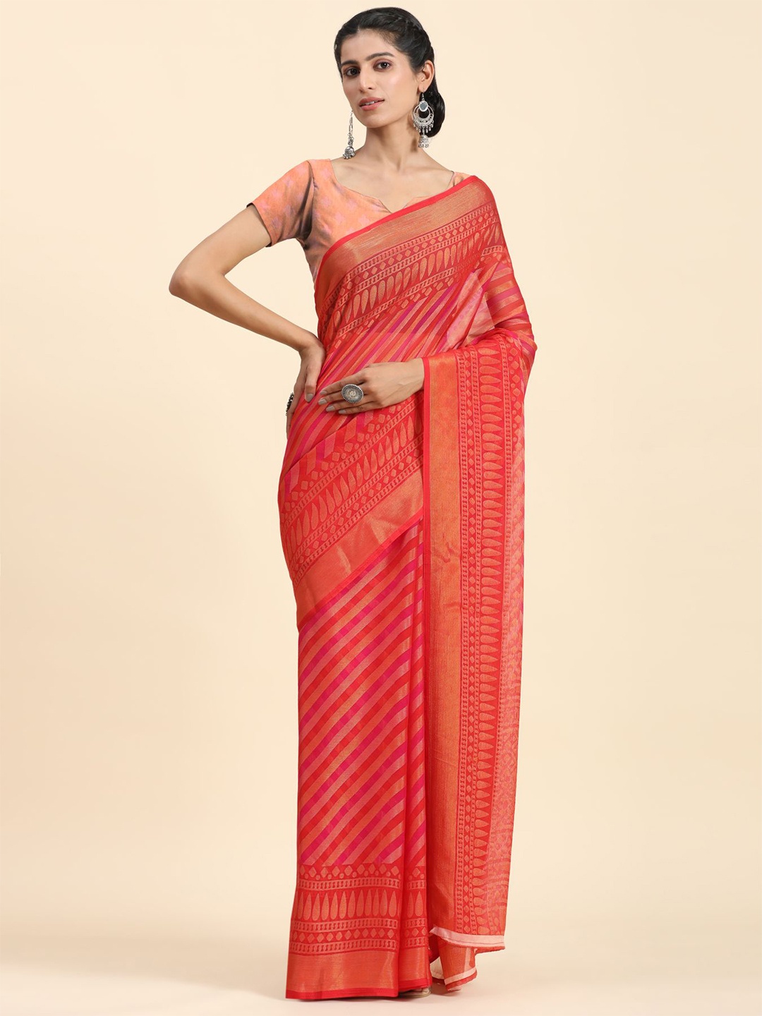 

Phenav Striped Zari Patola Brasso Saree, Red