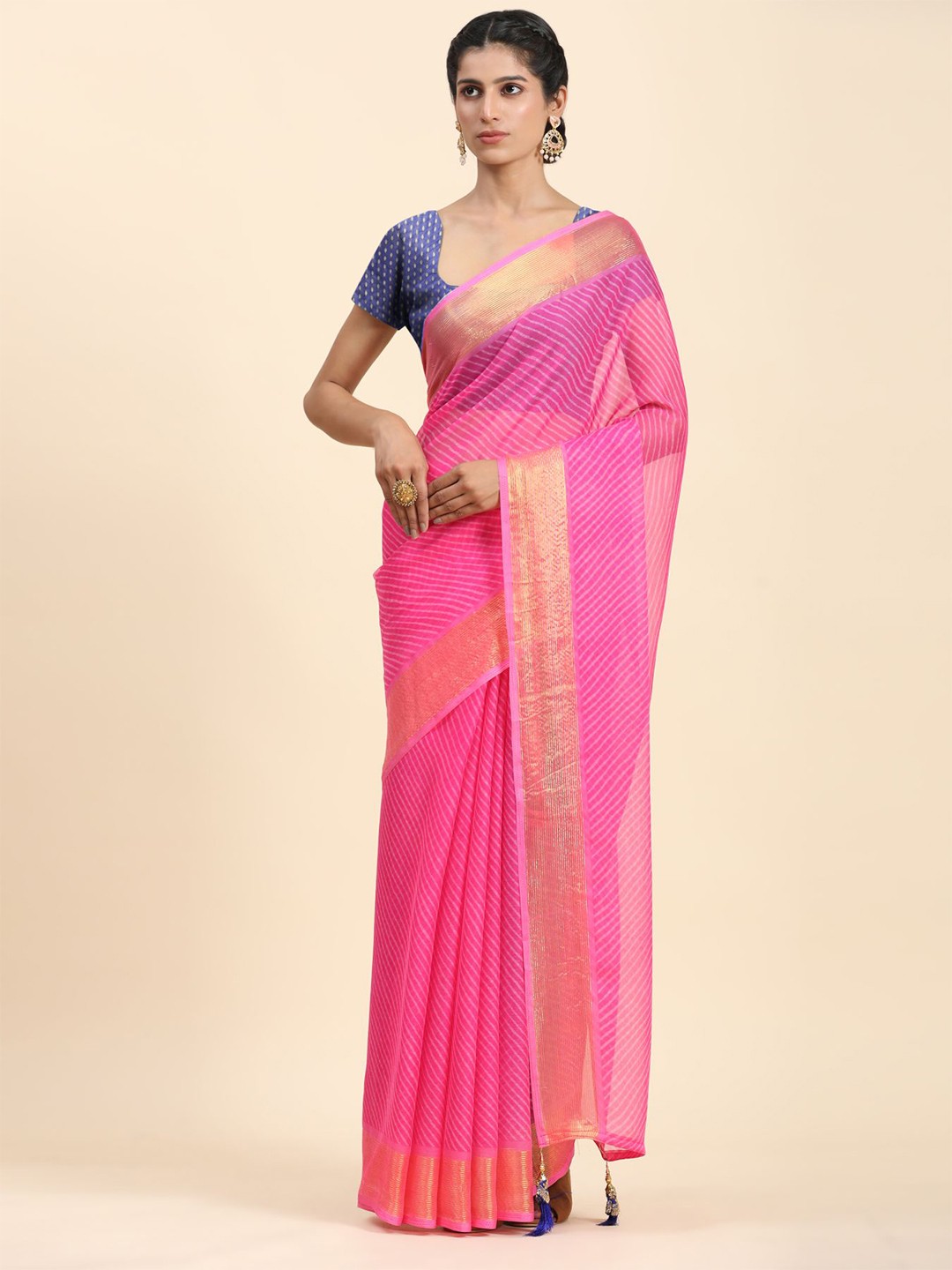 

Phenav Striped Zari Patola Brasso Saree, Pink