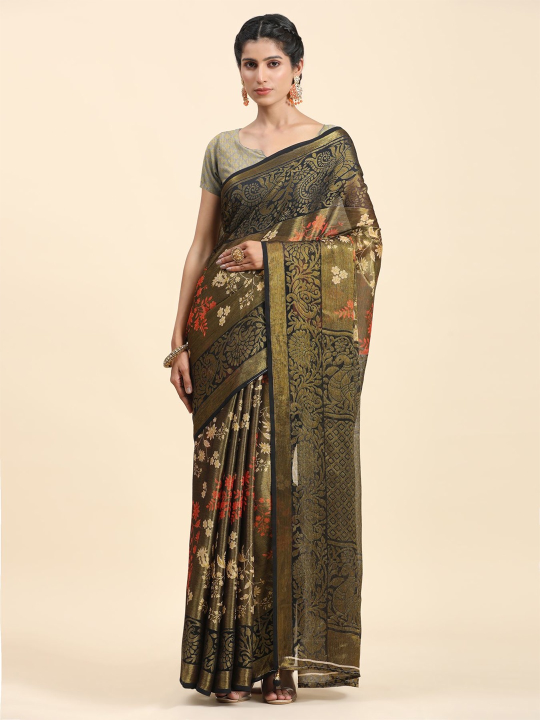 

Phenav Floral Printed Zari Brasso Kanjeevaram Saree, Black