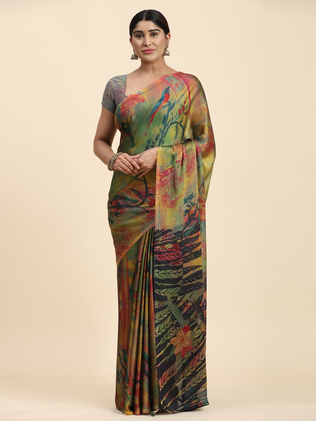 

Phenav Floral Printed Brasso Patola Saree, Green