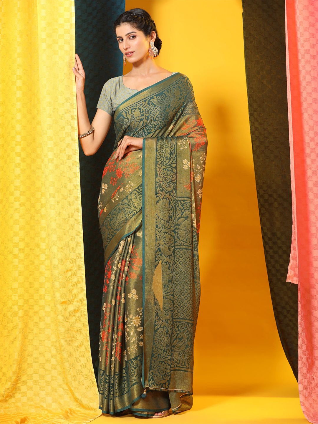 

Phenav Floral Printed Zari Brasso Kanjeevaram Saree, Green